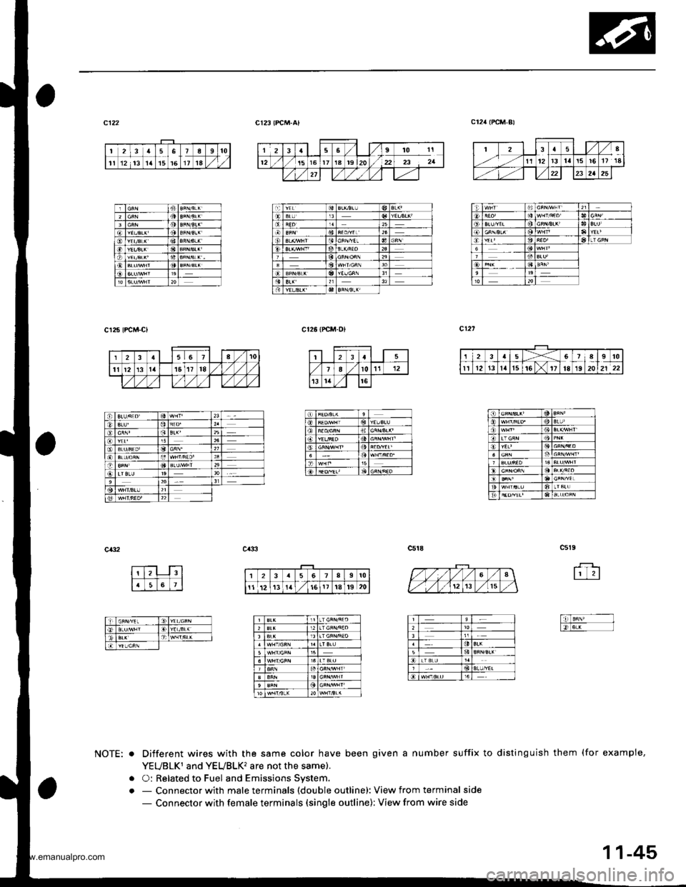 HONDA CR-V 1998 RD1-RD3 / 1.G User Guide 
1 2\3 156
16
18iJq11 12 13 ra1511l8
cr25 tPCM-Cl
ct23 {PCM-Alc124 (PCM,B)
cr26 tPicM-ol
Different wires with the same color have been given a number suffix to distinguish them (for exampie,
YEUBLKT 