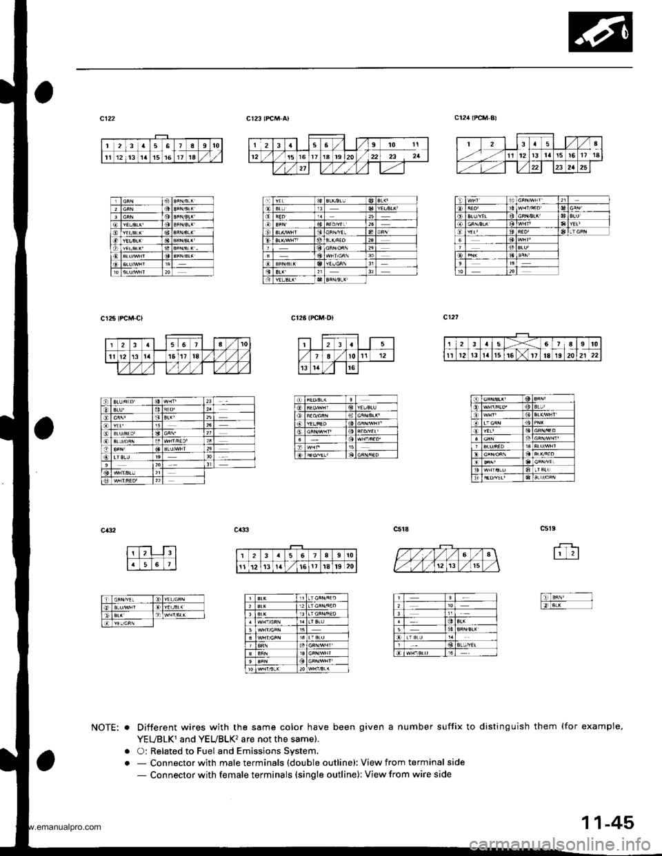HONDA CR-V 1999 RD1-RD3 / 1.G Owners Manual 
1 2\3 156
16
18iJq11 12 13 ra1511l8
cr25 tPCM-Cl
ct23 {PCM-Alc124 (PCM,B)
cr26 tPicM-ol
Different wires with the same color have been given a number suffix to distinguish them (for exampie,
YEUBLKT 