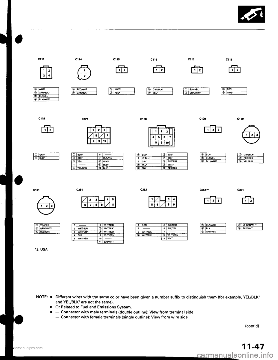 HONDA CR-V 1999 RD1-RD3 / 1.G Owners Manual 
frfr
ct10
fr
I6rc;iEiF--lIltIYEr, - ll
ctt5
fr
ffi
\,v
tdTiaotfi-----lIETcRll,aLX ---l
tltl
[.1.1
lSlwHr -------
lo GnNAUC ITdTBLx/YEL -fdBtx vNP -----1
ct19
fr
l6lcnN -l
lo eLU ,
L4.lrl
ldTcRN/