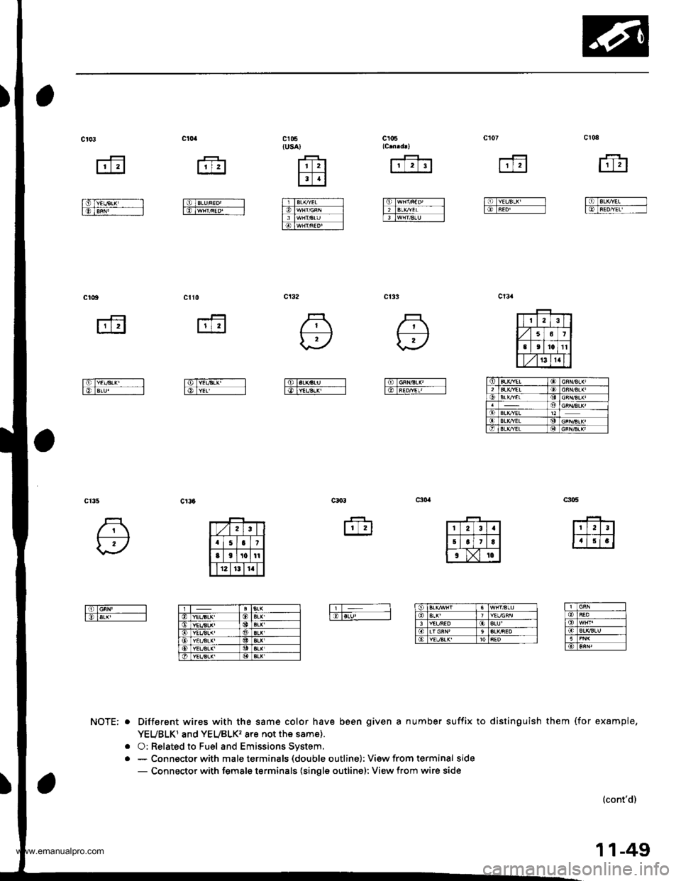 HONDA CR-V 1998 RD1-RD3 / 1.G Service Manual 
c t5{usa)
tltl
Il.l
Ttlrsrtsu .ftT,,tHr/FEpi l
rftr
IET$rmc IftlarxrEl-- -- lftlwn/srt -
NOTE: o
a
Different wires with the same color have been given a number suffix to distinguish them (for ex