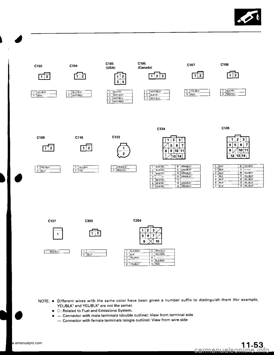 HONDA CR-V 1999 RD1-RD3 / 1.G Owners Guide 
c108
ffi
FfBLK//EL---ll -IREor/Ar -l
c107
ffi
|iTYEU€LX I-rfnri-r --
c105{Canadal
rfifl
fiIw|r/nE D. --l
TTBt(ryEL -_-l
t lnrtsrr t]l
c105(usA)
F Irt
lslrl
filBLKry.L Ifu-,wHrcn[ ll]
ftl-wNr/s