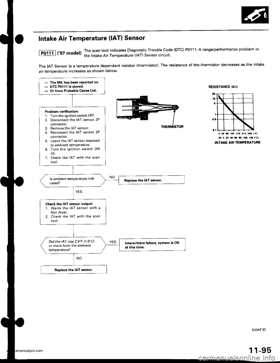 HONDA CR-V 1997 RD1-RD3 / 1.G Service Manual
The IAT Sensor is a temperature dependant resistor (thermistor). The resistance of the thermistor decreases as the intake
air temDerature increases as shown below
RESISTANCE IKOI
Intake Air Temperatu HONDA CR-V 1997 RD1-RD3 / 1.G Service Manual
The IAT Sensor is a temperature dependant resistor (thermistor). The resistance of the thermistor decreases as the intake
air temDerature increases as shown below
RESISTANCE IKOI
Intake Air Temperatu