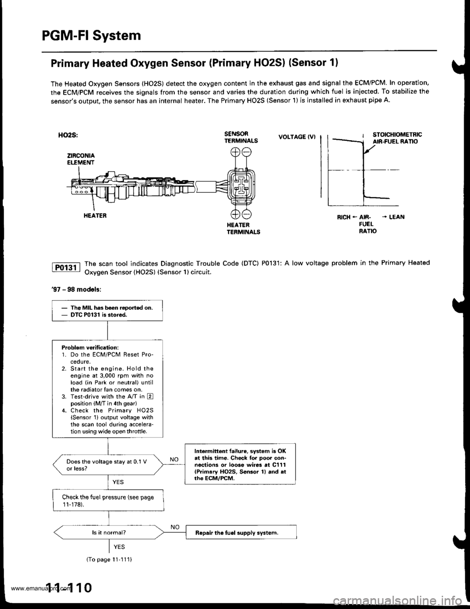 HONDA CR-V 1999 RD1-RD3 / 1.G Workshop Manual
PGM-FI System
Primary Heated Oxygen Sensor (Primary HO2S) (Sensor 1)
The Heated Oxygen Sensors (HO2S) detect the oxygen content in the exhaust gas and signal the ECM/PCM. In operation,
the ECM/PCM re HONDA CR-V 1999 RD1-RD3 / 1.G Workshop Manual
PGM-FI System
Primary Heated Oxygen Sensor (Primary HO2S) (Sensor 1)
The Heated Oxygen Sensors (HO2S) detect the oxygen content in the exhaust gas and signal the ECM/PCM. In operation,
the ECM/PCM re