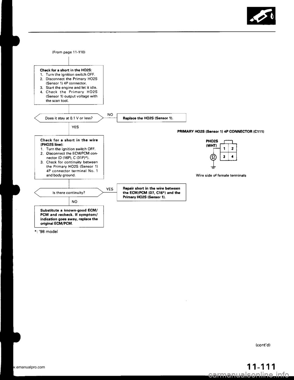 HONDA CR-V 1998 RD1-RD3 / 1.G Repair Manual
{From page 11-110}
Check tor a shorl in the HO2S:1. Turn the ignition switch OFF.2. Disconnect the Primary HO2S(Sensor1i 4P connector.3. Start the engine and let it idle.4. Check the Primary HO2S(Se HONDA CR-V 1998 RD1-RD3 / 1.G Repair Manual
{From page 11-110}
Check tor a shorl in the HO2S:1. Turn the ignition switch OFF.2. Disconnect the Primary HO2S(Sensor1i 4P connector.3. Start the engine and let it idle.4. Check the Primary HO2S(Se