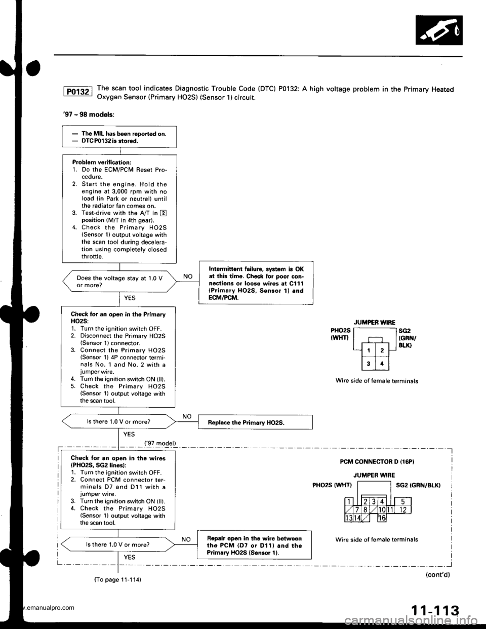 HONDA CR-V 1999 RD1-RD3 / 1.G Service Manual
The scan tool indicates Diagnostic Trouble Code (DTC) P0132: A high voltage problem in the Primary HeatedOxygen Sensor {Primary HO2S) (Sensor 1) circuit.
97 - 98 models:
PHO2S
IWHTIsG2IGRN/BLK}
Wire HONDA CR-V 1999 RD1-RD3 / 1.G Service Manual
The scan tool indicates Diagnostic Trouble Code (DTC) P0132: A high voltage problem in the Primary HeatedOxygen Sensor {Primary HO2S) (Sensor 1) circuit.
97 - 98 models:
PHO2S
IWHTIsG2IGRN/BLK}
Wire