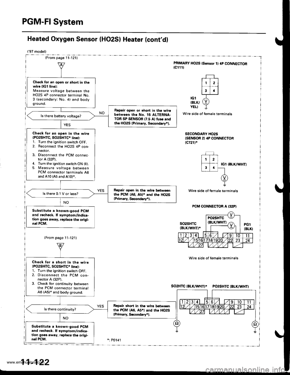 HONDA CR-V 1998 RD1-RD3 / 1.G Repair Manual 
PGM-FI System
Heated Oxygen Sensor IHO2S) Heater (contd)
{97 model)
(From page l1-121)
PRIMARY HO2S (S.nsor 1) ap CONNECTOR{cl111
| 112 ||.�i-l
13 .l
ot X-tErK/ (9YELI -L
Wire side of female termi
