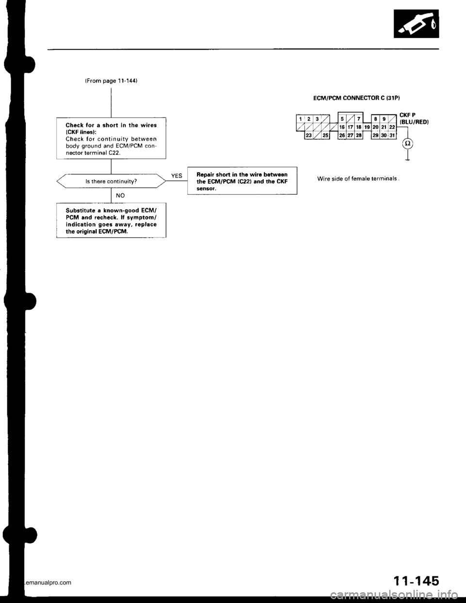 HONDA CR-V 1998 RD1-RD3 / 1.G Manual Online
(From page 11-144)
Check for a shorl in the wires(CKF lines):Check lor continuity betweenbody ground and ECM/PCM connector terminal C22.
Repair short in tho wire betweenthe ECM/PCM {C221 and rh. CKFl HONDA CR-V 1998 RD1-RD3 / 1.G Manual Online
(From page 11-144)
Check for a shorl in the wires(CKF lines):Check lor continuity betweenbody ground and ECM/PCM connector terminal C22.
Repair short in tho wire betweenthe ECM/PCM {C221 and rh. CKFl