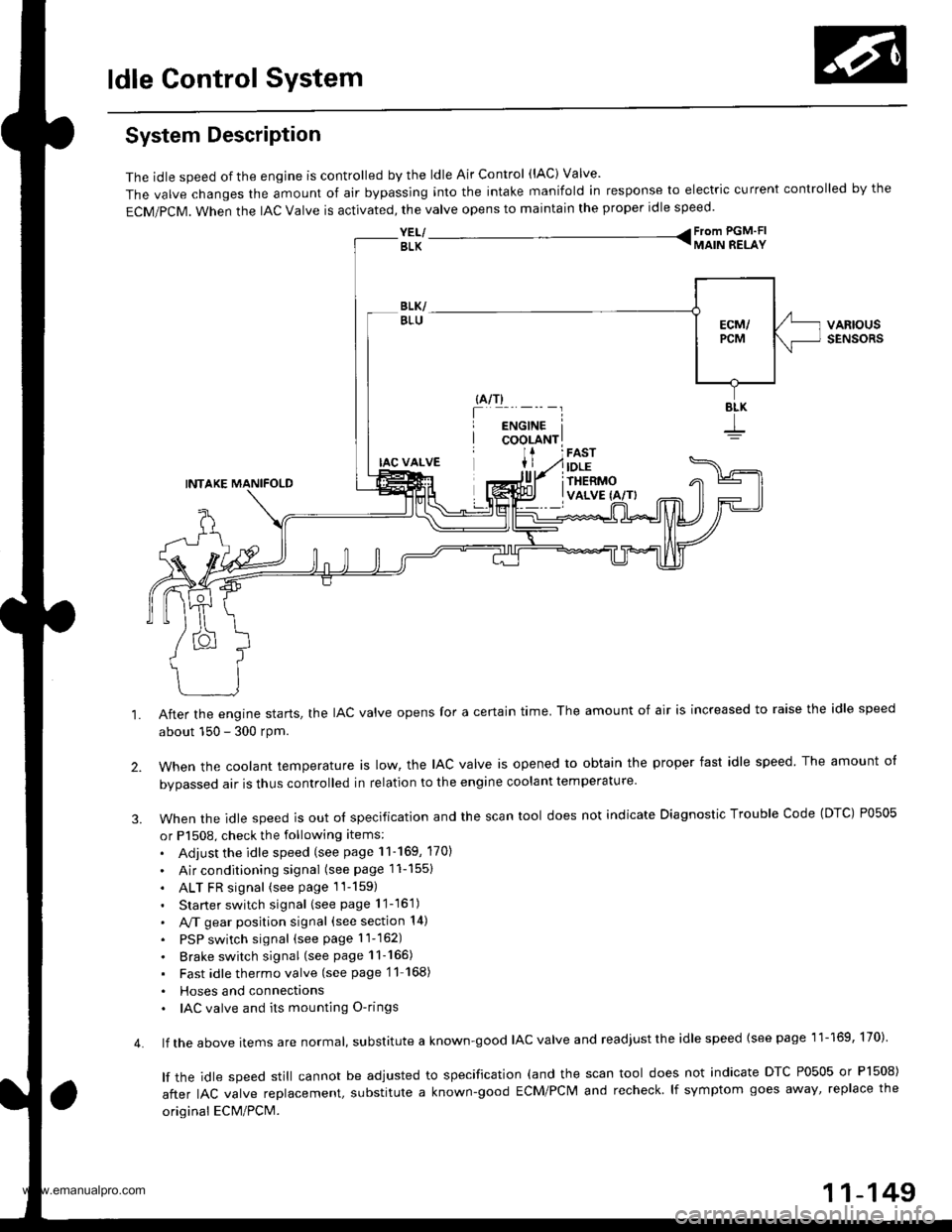 HONDA CR-V 1999 RD1-RD3 / 1.G Owners Manual 
ldle Control System
System Description
The idle speed of the engjne is controlled by the ldle Air Control (lAC) Valve
The valve changes the amount of air bypassing into the intake manifold in respon