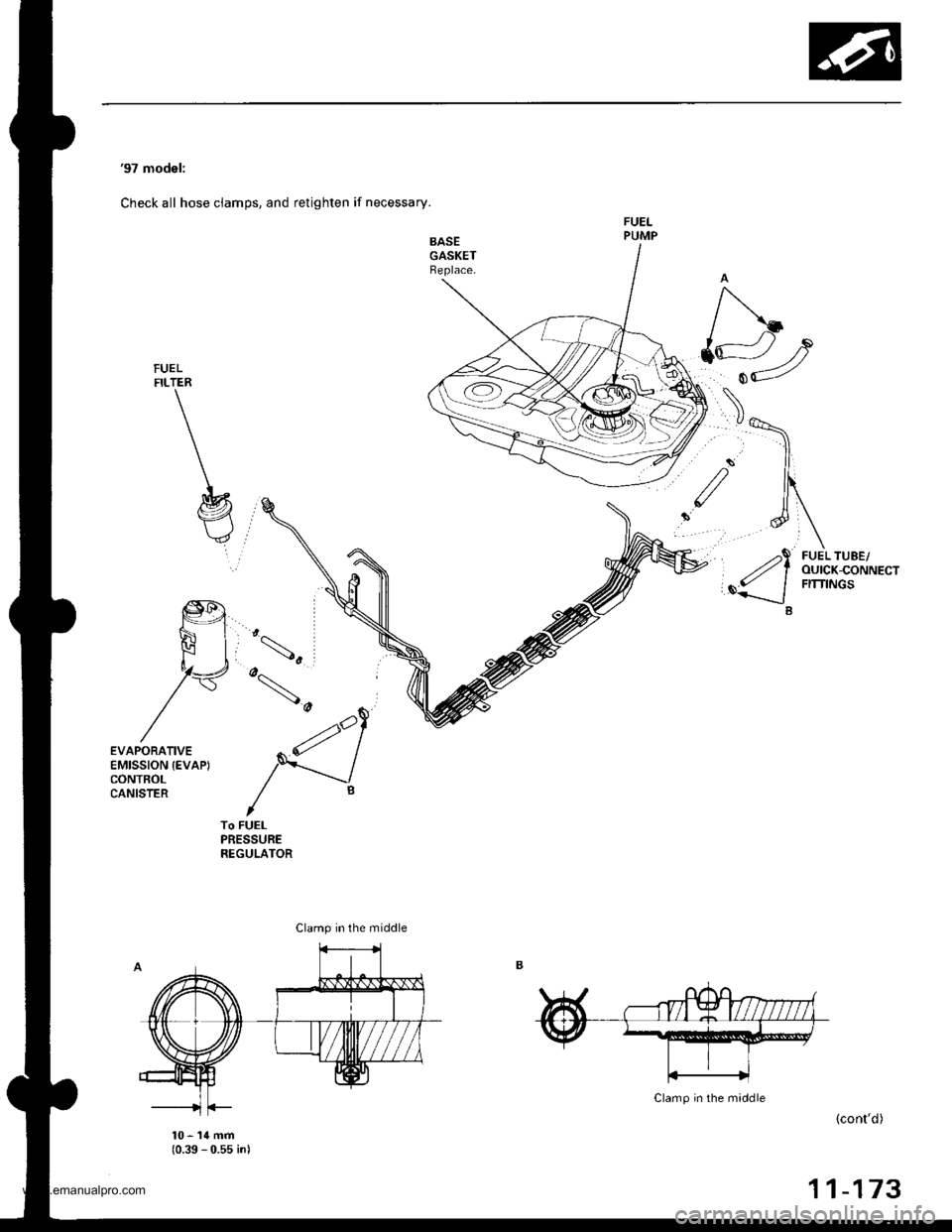 HONDA CR-V 1999 RD1-RD3 / 1.G Workshop Manual 
97 model:
Check all hose clamps, and retighten if necessary.
FUELFILTER
/\
{"2
,"1<,, I___--tJ
B
FUEL TUBE/OUICK-CONNECTFITTINGS
EVAPORATIVEEMISSION {EVAP}CONTBOLCANISTER
^s
,4\-) |Ift ql I
/---