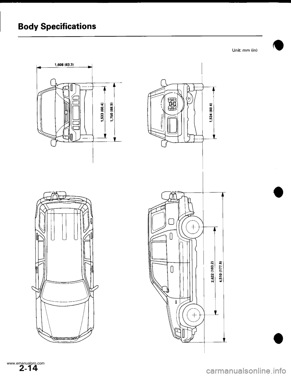 HONDA CR-V 1999 RD1-RD3 / 1.G Owners Guide
Body Specifications
Unit: mm (in)
2-14
www.emanualpro.com HONDA CR-V 1999 RD1-RD3 / 1.G Owners Guide
Body Specifications
Unit: mm (in)
2-14
www.emanualpro.com
