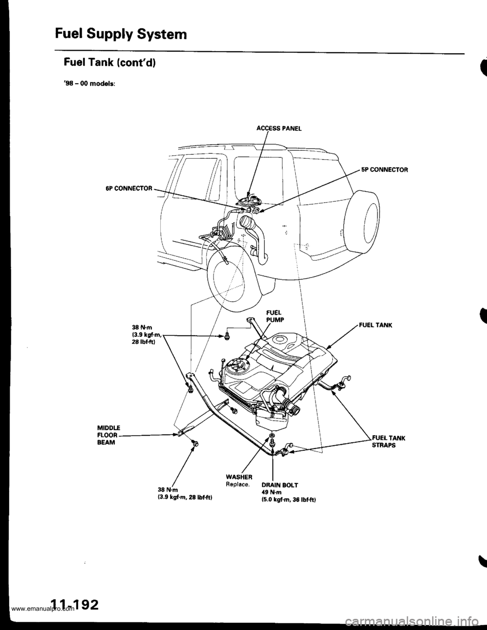 HONDA CR-V 1999 RD1-RD3 / 1.G Workshop Manual
Fuel Supply System
Fuel Tank (contd)
,98 - 00 models:
6P CONNECTOR
38 N.m(3.9 ksf.m,28lbtftl
I
5P CONNECTOR
I
\
11-192
www.emanualpro.com HONDA CR-V 1999 RD1-RD3 / 1.G Workshop Manual
Fuel Supply System
Fuel Tank (contd)
,98 - 00 models:
6P CONNECTOR
38 N.m(3.9 ksf.m,28lbtftl
I
5P CONNECTOR
I
\
11-192
www.emanualpro.com