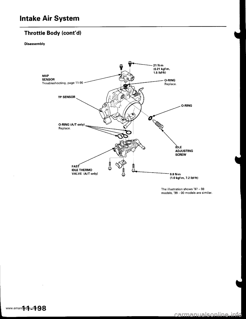 HONDA CR-V 1999 RD1-RD3 / 1.G Workshop Manual
Intake Air System
Throttle Body (contd)
Disassembly
O-RING {A/l only)Replace.
IDLE THERMOVALVE (A/T only)
ADJUSTINGSCREW
9.8 N.m(1.0 kgl.m,7.2 lbf.ftl
The illustration shows97 - 98models,99 00 mod HONDA CR-V 1999 RD1-RD3 / 1.G Workshop Manual
Intake Air System
Throttle Body (contd)
Disassembly
O-RING {A/l only)Replace.
IDLE THERMOVALVE (A/T only)
ADJUSTINGSCREW
9.8 N.m(1.0 kgl.m,7.2 lbf.ftl
The illustration shows97 - 98models,99 00 mod