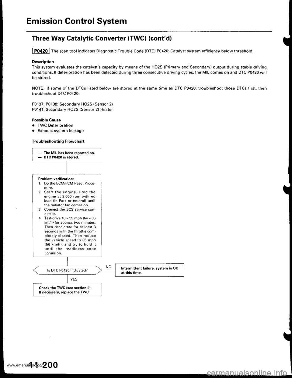 HONDA CR-V 2000 RD1-RD3 / 1.G Workshop Manual 
Emission Control System
Three Way Catalytic Converter {TWCI (contd}
1P0420 Thescantool indicates Diagnostic Trouble Code (DTC) P0420: Catalyst system efficiency belowthreshold.
DescriDtion
This syst