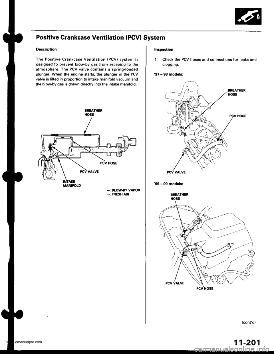 HONDA CR-V 1997 RD1-RD3 / 1.G Owners Guide
Positive Grankcase Ventilation (PGVI System
Description
The Positive Crankcase Ventilation (PCV) svstem is
designed to prevent blow-by gas from escaping to the
atmosphere. The PCV valve contains a sp HONDA CR-V 1997 RD1-RD3 / 1.G Owners Guide
Positive Grankcase Ventilation (PGVI System
Description
The Positive Crankcase Ventilation (PCV) svstem is
designed to prevent blow-by gas from escaping to the
atmosphere. The PCV valve contains a sp