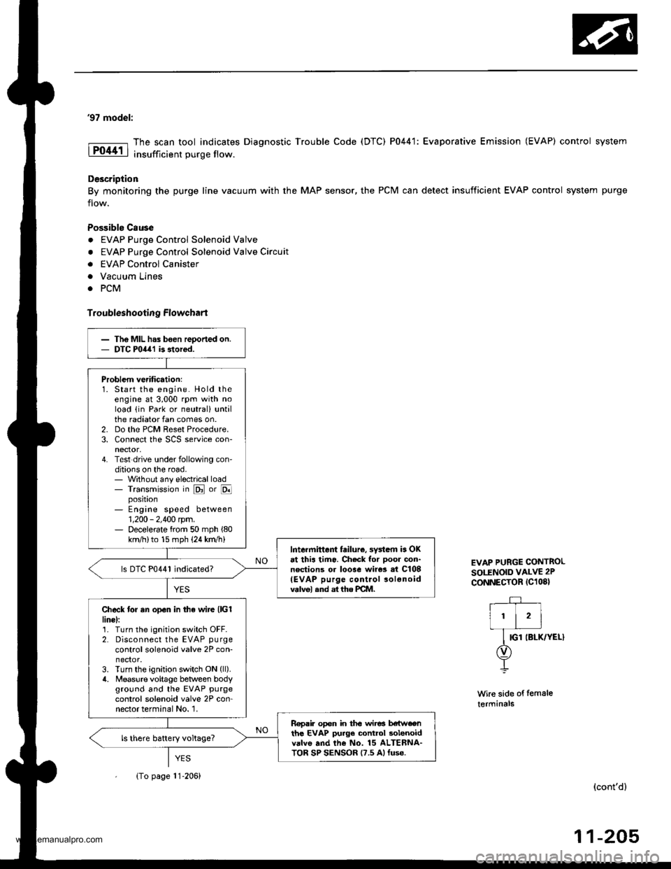 HONDA CR-V 1997 RD1-RD3 / 1.G Owners Guide
97 model:
The scan tool indicates Diagnostic Trouble Code (DTC) P0441: Evaporative Emission (EVAP) control system
insufficient purge flow.
Description
By monitoring the purge line vacuum with the MA HONDA CR-V 1997 RD1-RD3 / 1.G Owners Guide
97 model:
The scan tool indicates Diagnostic Trouble Code (DTC) P0441: Evaporative Emission (EVAP) control system
insufficient purge flow.
Description
By monitoring the purge line vacuum with the MA