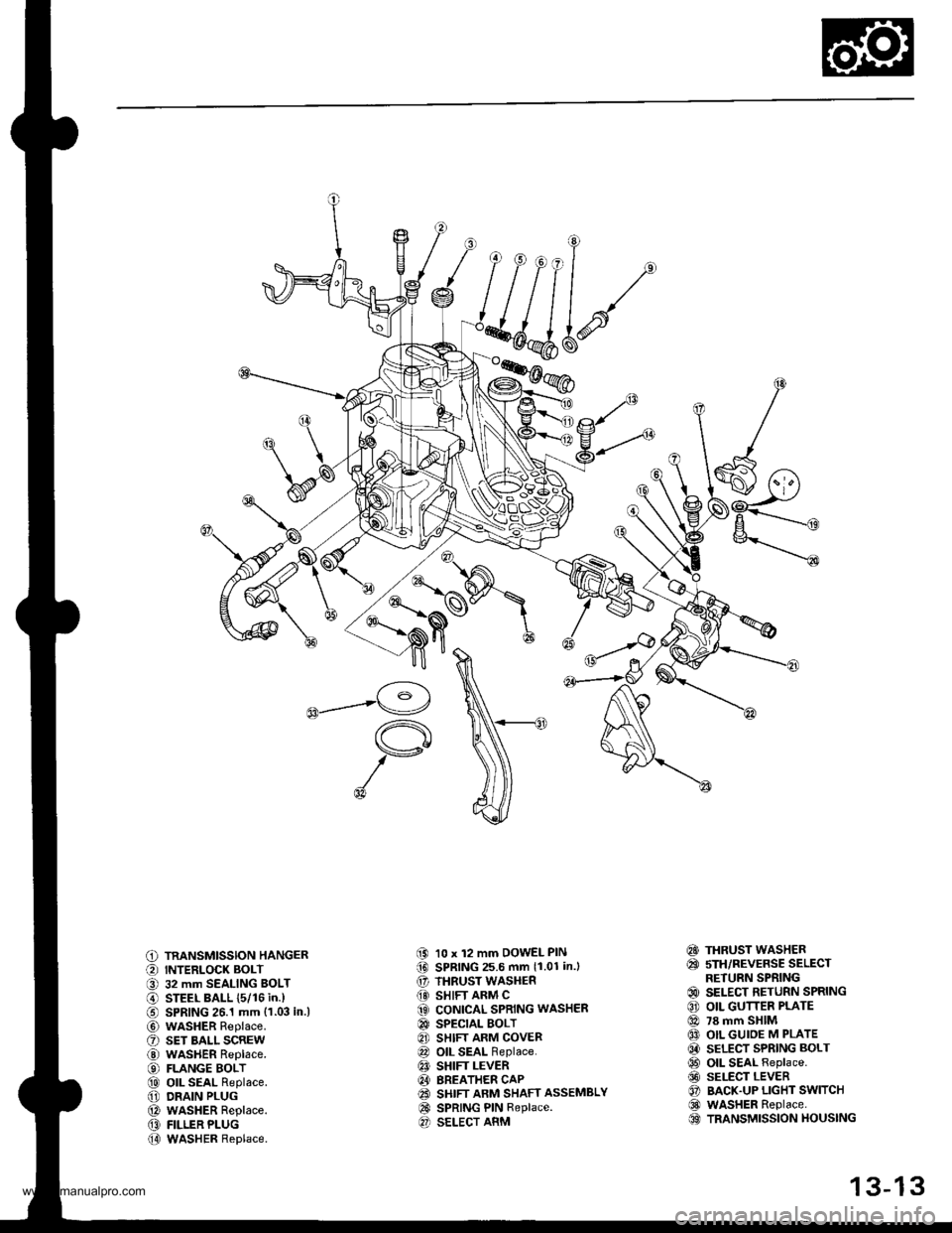HONDA CR-V 2000 RD1-RD3 / 1.G Workshop Manual
C) TRANSMISSION HANGER
O INTERLOCK BOLT
O 32 mm SEALING BOLT
@ STEEL BALL {5/16 in.)
€) SPRING 26.1 mm {1.03 in.l
@ wasHER Replace.
O sET BALL scREw
@ WASHER Replace.
€) FLANGE BOLT
@ oll SEAL Re HONDA CR-V 2000 RD1-RD3 / 1.G Workshop Manual
C) TRANSMISSION HANGER
O INTERLOCK BOLT
O 32 mm SEALING BOLT
@ STEEL BALL {5/16 in.)
€) SPRING 26.1 mm {1.03 in.l
@ wasHER Replace.
O sET BALL scREw
@ WASHER Replace.
€) FLANGE BOLT
@ oll SEAL Re