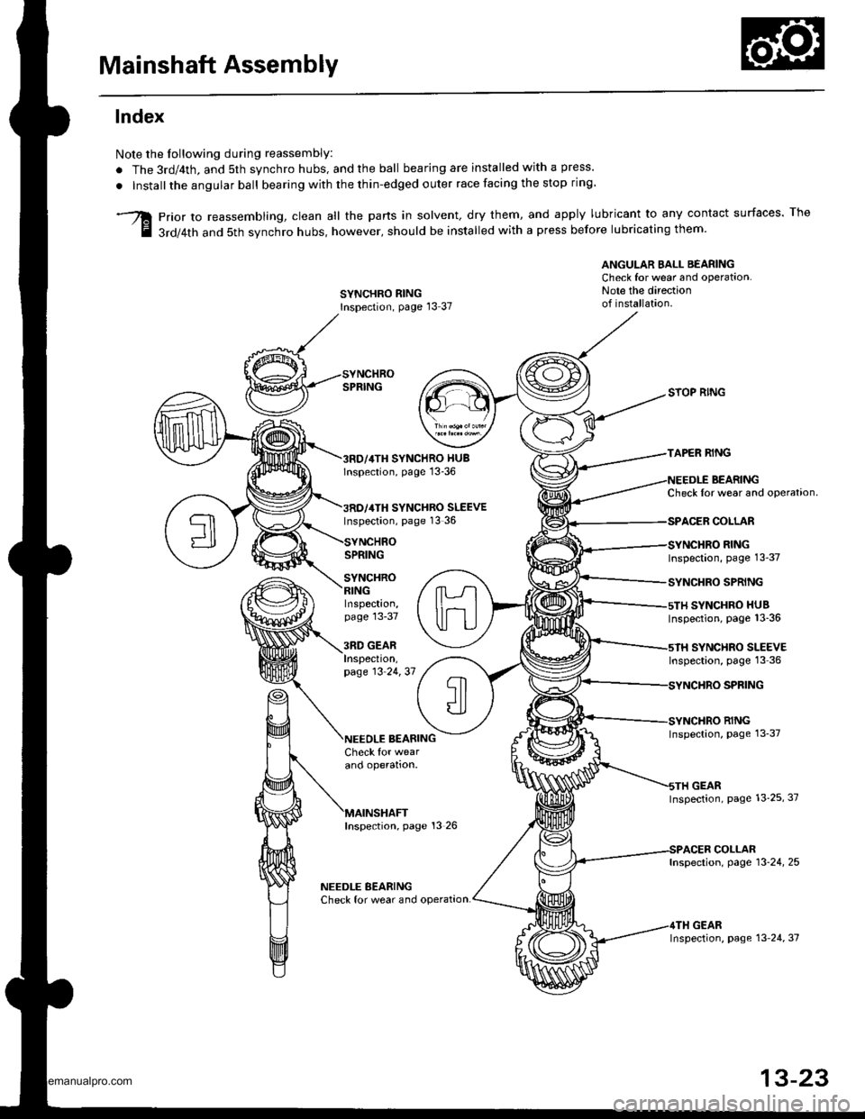 HONDA CR-V 1998 RD1-RD3 / 1.G Owners Manual 
Mainshaft Assembly
lndex
Note the Iollowing during reassembly:
. The 3rd/4th, and 5th synchro hubs, and the ball bearing are installed with a press.
. Installthe angular ball bearing with the thin-ed