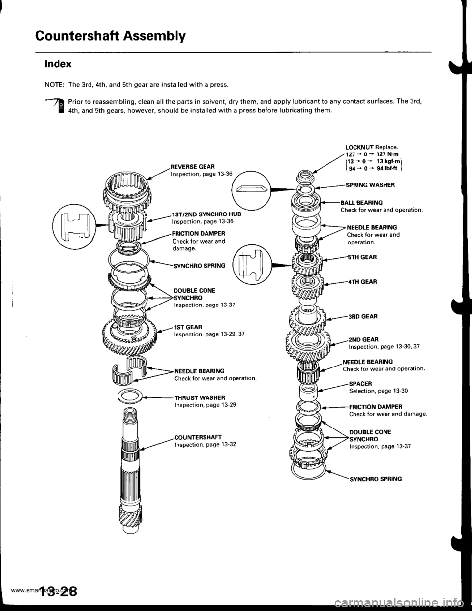 HONDA CR-V 1998 RD1-RD3 / 1.G Owners Manual 
Countershaft Assembly
Index
NOTE:
3
The 3rd, 4th. and sth gear are installed with a press.
Prior to reassembling, clean all the parts in solvent, dry them, and apply lubricant to any contact surfaces