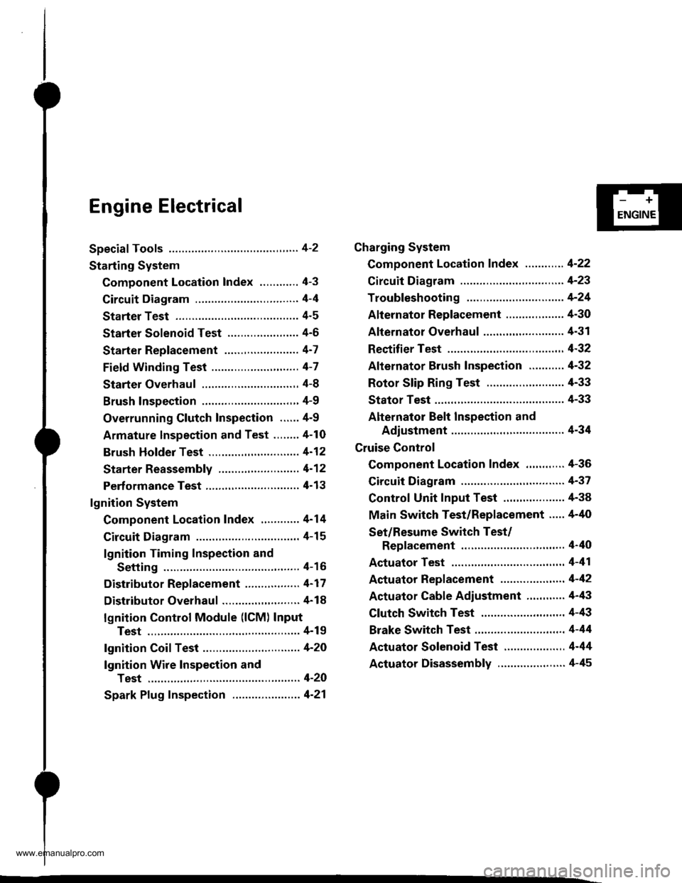 HONDA CR-V 1999 RD1-RD3 / 1.G Workshop Manual 
Engine Electrical
Speciaf Tools ............. 4-2
Starting System
Component Location Index ............ 4-3
Circuit Diagram ................................ 4-4
Starter Test ........... 4-5
Starter S