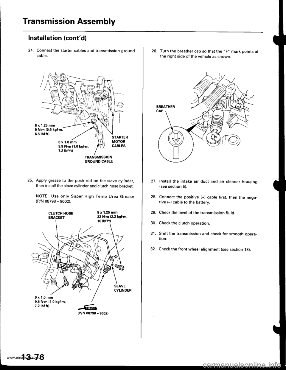 HONDA CR-V 1998 RD1-RD3 / 1.G Workshop Manual 
Transmission Assembly
Installation (contdl
24. Connect the starter cables and transmission ground
caore.
TRANSMISSIONGROUND CABLE
Apply grease to the push rod on the slave cylinder,
then install the