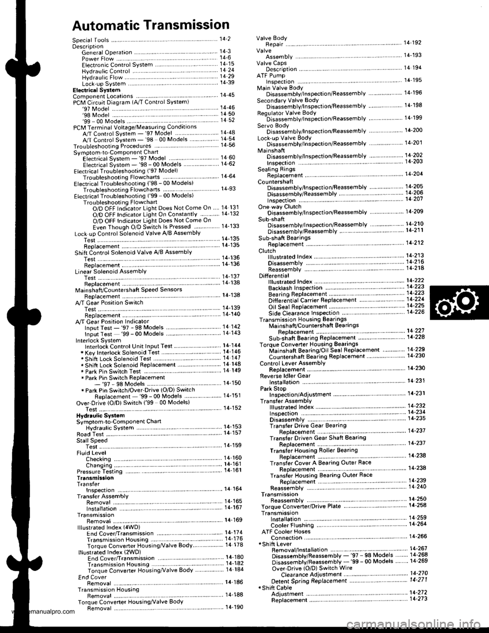 HONDA CR-V 1997 RD1-RD3 / 1.G Owners Manual 
Automatic Transmission
Special Tools . 142OescriptionGeneral Operation . .... 14 3Power Flow . . .. 14_6
Electronic Control System .. .. . . .. .14_15Hydraulic Control .. 14 24Hydraulic Flow....-..