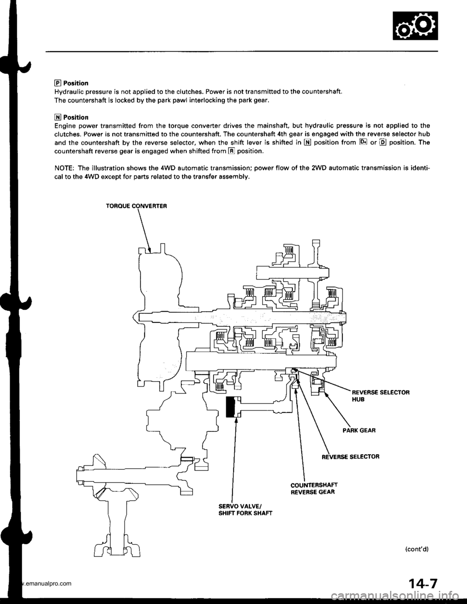 HONDA CR-V 1999 RD1-RD3 / 1.G Workshop Manual
E Po3ition
Hydraulic pressure is not applied to the clutches. Power is not transmitted to the countershaft.
The countershaft is locked by the park pawl interlocking the park gear,
E Position
Engine p HONDA CR-V 1999 RD1-RD3 / 1.G Workshop Manual
E Po3ition
Hydraulic pressure is not applied to the clutches. Power is not transmitted to the countershaft.
The countershaft is locked by the park pawl interlocking the park gear,
E Position
Engine p