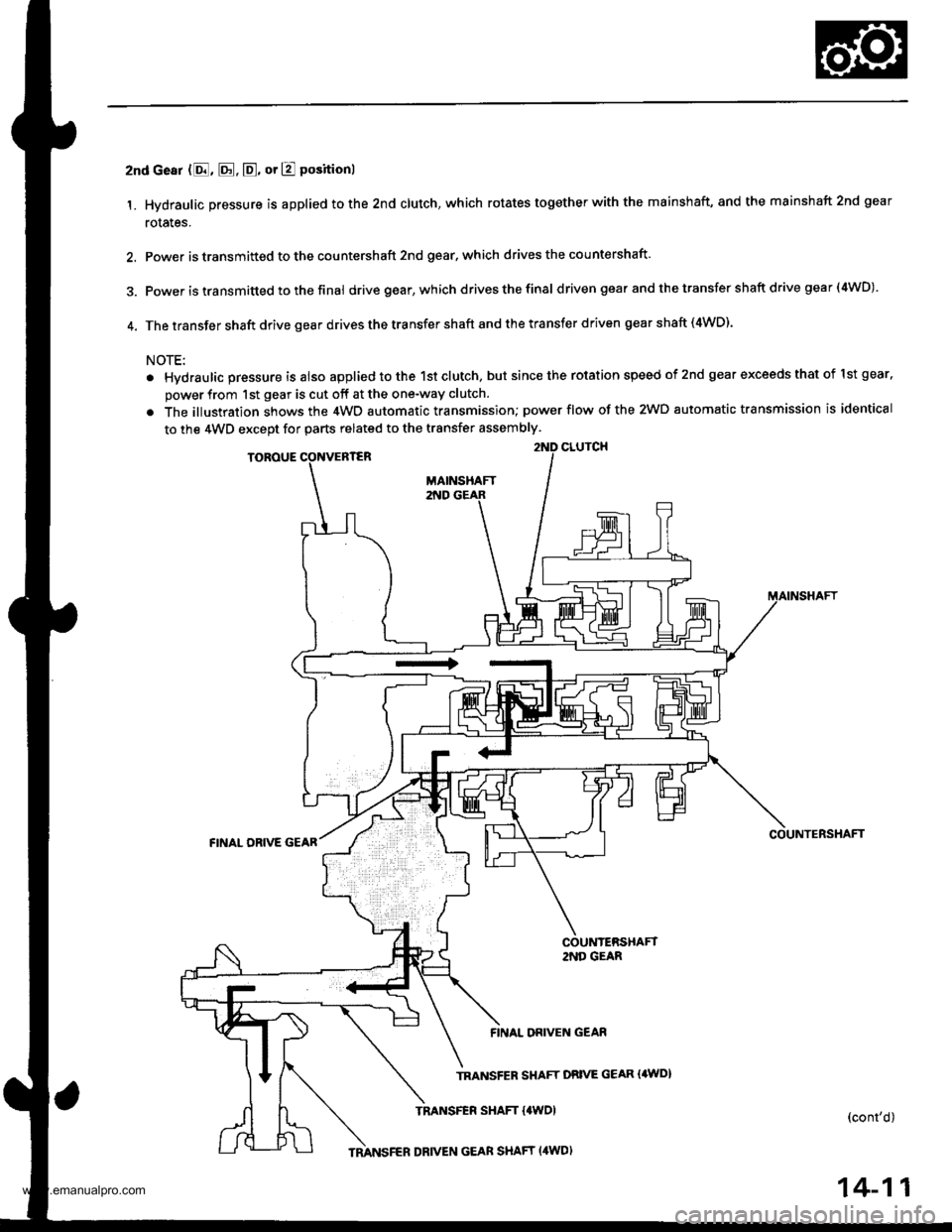 HONDA CR-V 2000 RD1-RD3 / 1.G Owners Guide
2nd cesr (8, E. E, or E positionl
1. Hydraulic pressure is applied to the 2nd clutch, which rotates together with the mainshaft, and the mainshaft 2nd gear
rotales.
2. Power is transmitted to the cou HONDA CR-V 2000 RD1-RD3 / 1.G Owners Guide
2nd cesr (8, E. E, or E positionl
1. Hydraulic pressure is applied to the 2nd clutch, which rotates together with the mainshaft, and the mainshaft 2nd gear
rotales.
2. Power is transmitted to the cou