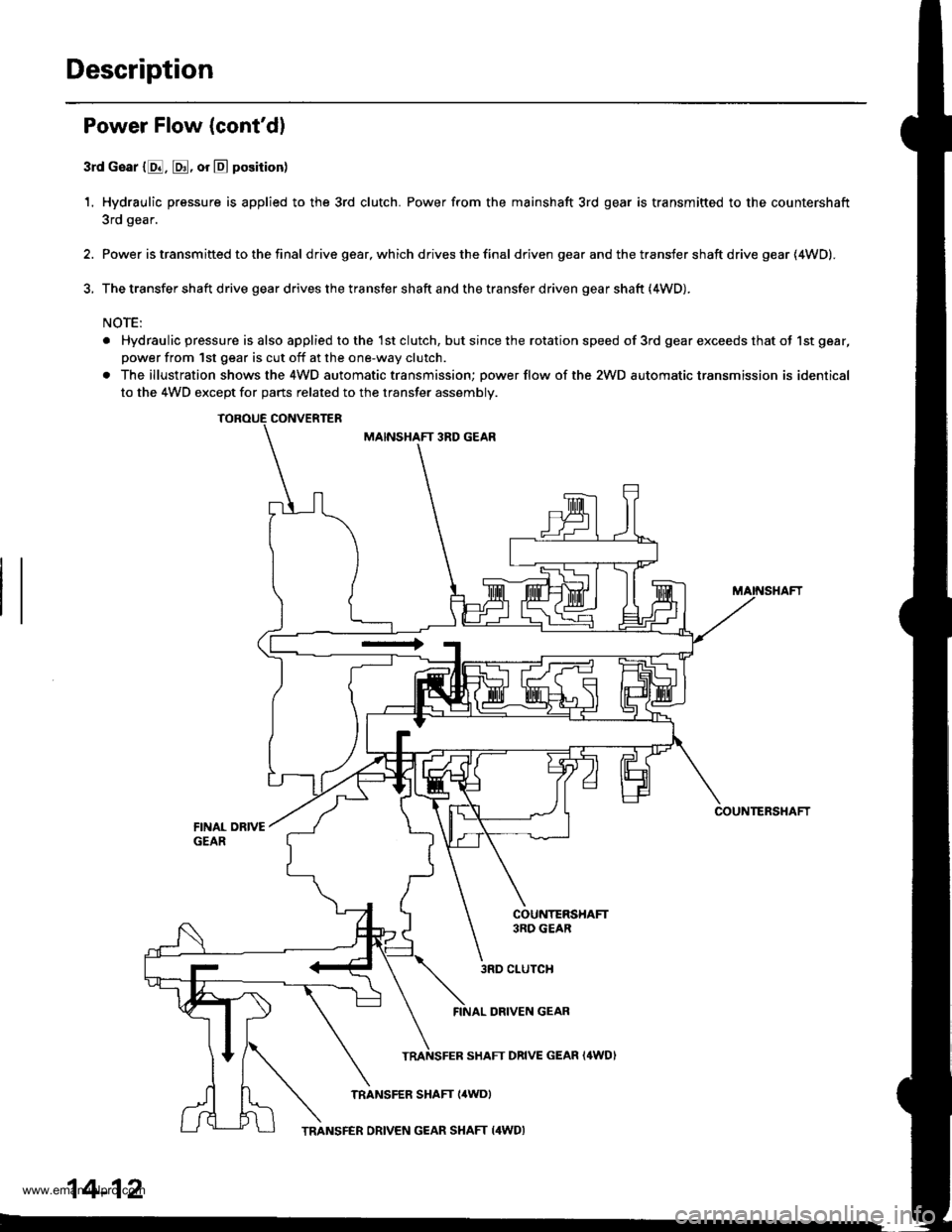 HONDA CR-V 1999 RD1-RD3 / 1.G Workshop Manual 
Description
Power Flow (contd)
3rd Gear {8. @, or @ position)
1. Hydraulic pressure is applied to the 3rd clutch. Power from the mainshaft 3rd gear is transmitted to the countershaft
3rd gear.
2. Po