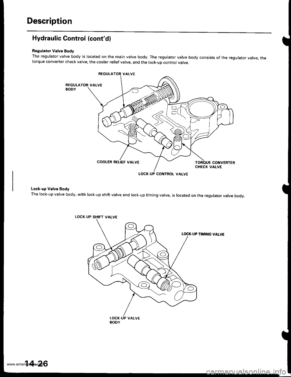 HONDA CR-V 1998 RD1-RD3 / 1.G Owners Guide 
Description
Hydraulic Control (contd)
Regulator Valve Body
The regulator valve body is located on the main valve body. The regulator valve body consists of the regulator vatve, thetorque converter c