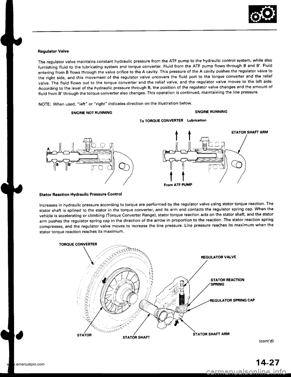 HONDA CR-V 1997 RD1-RD3 / 1.G Workshop Manual
Regulator Valve
The regulator valve maintains constant hydraulic pressure from the ATF pump to the hydraullc control system, while also
furnishing fluid to the lubricating system and torque converter HONDA CR-V 1997 RD1-RD3 / 1.G Workshop Manual
Regulator Valve
The regulator valve maintains constant hydraulic pressure from the ATF pump to the hydraullc control system, while also
furnishing fluid to the lubricating system and torque converter