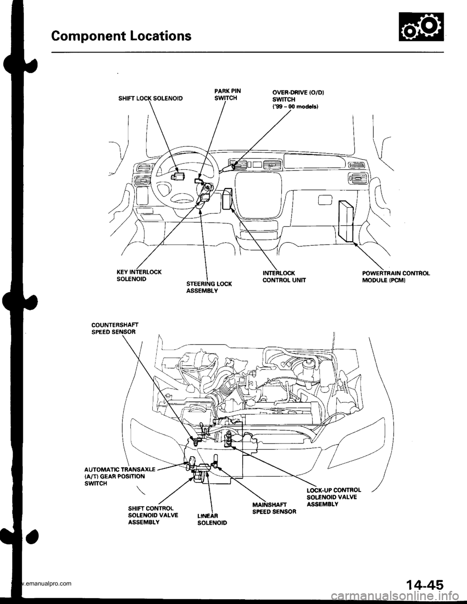 HONDA CR-V 2000 RD1-RD3 / 1.G Service Manual 
Component Locations
ASSEMBLY
POWERTRAIN CONTROLMODULE {PCMI
COUNTERSHAFTSPEED SENSOR
AUTOMAIIC TRANSAXI.E(A/T} GEAR POSITIONswtTcH
\
CONTBOL UN]T
SHIFT CONTROLSOLEM)ID VALVEASSEMBLY
SPEED SCNSOR
14-4