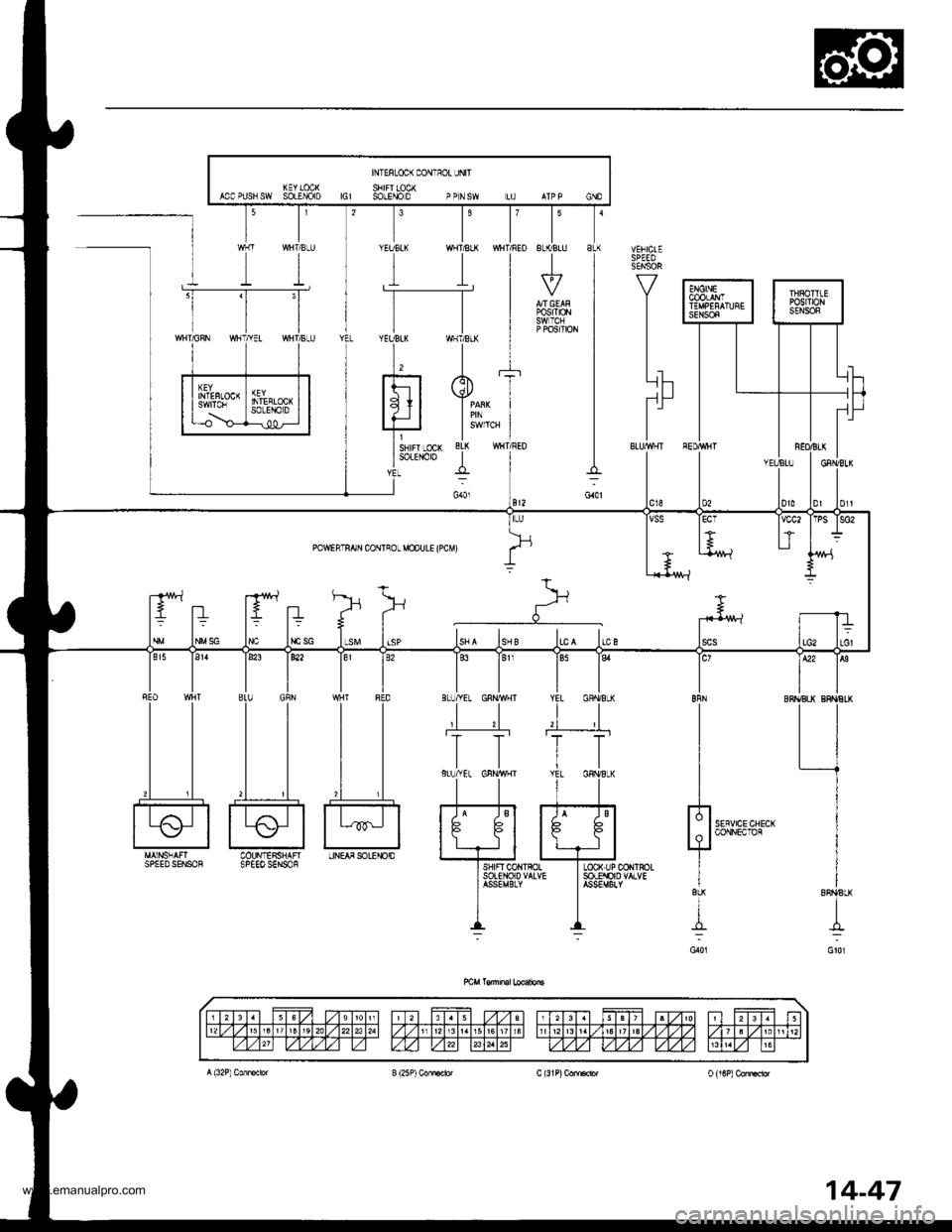 HONDA CR-V 2000 RD1-RD3 / 1.G Workshop Manual 
SEr!5OR
V
I
I
t.rh
nf
I
I
1",,
]IYEI]BLK
I-[
lYEITILX
t,
I
l-f?
POSrn0N
P POsITION
II
Ir
SEFVICECHECKCONNECTON
l"8nN
I
I
H
IBLX
{
G101
INTEFLOC( CONIFOL UNITKEY LCICI( SHIFI LOCXACCPUSNSW SOLEIJOIO 