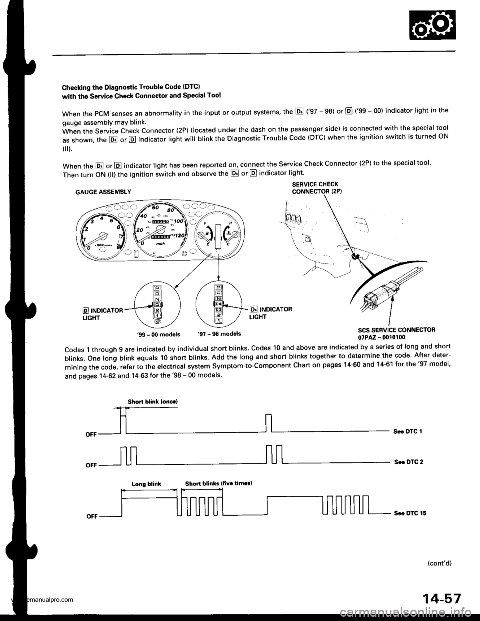 HONDA CR-V 1997 RD1-RD3 / 1.G Workshop Manual 
Checking the Diagnostic Trouble Code IDTCI
with the Servic€ Check Connestol and Special Tool
when the PcM senses an abnormality in the input or output systems the E (97 - 98) or E (gS - OO) indic