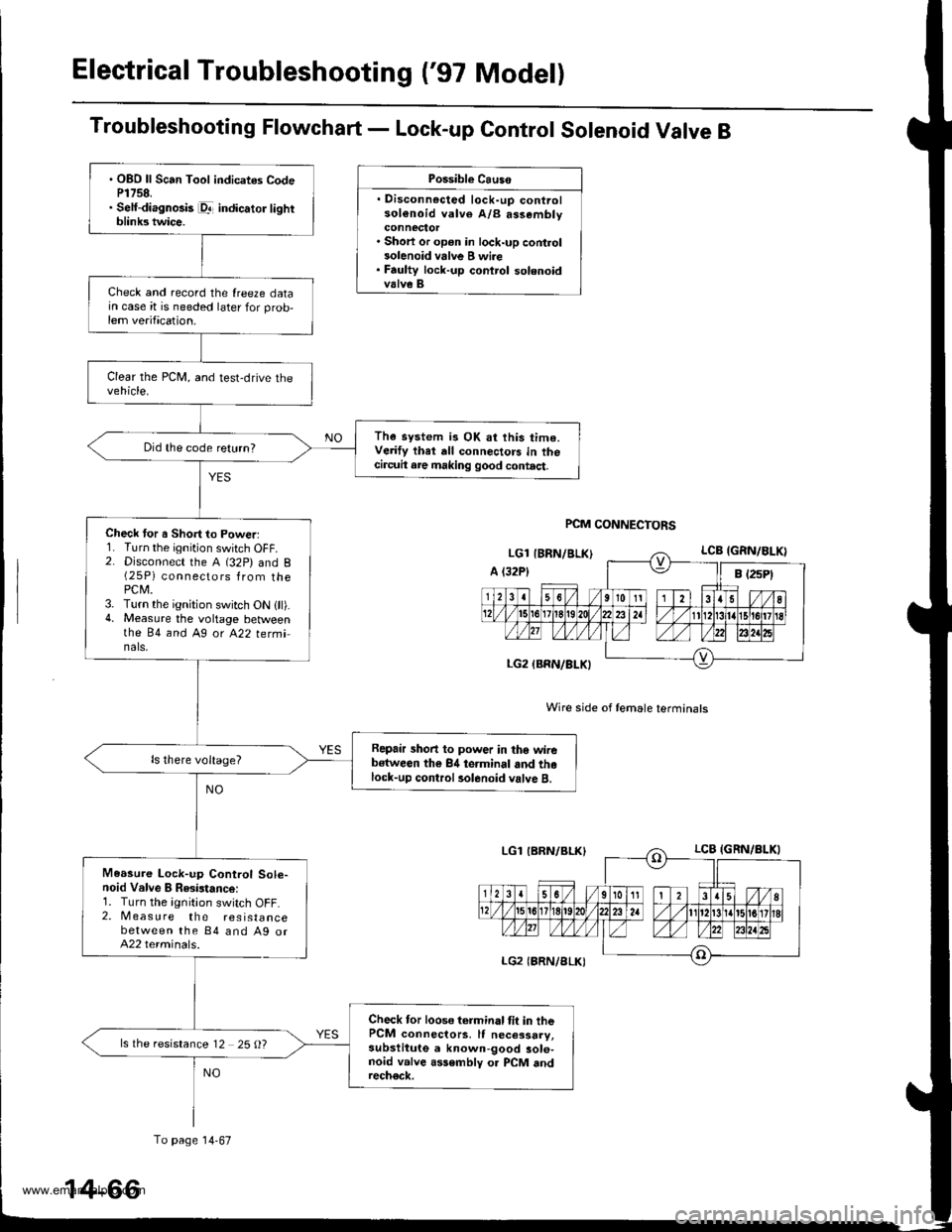 HONDA CR-V 1999 RD1-RD3 / 1.G Workshop Manual
Electrical Troubleshooting (97 Model)
Troubleshooting Flowchart - Lock-up Control Solenoid Valve B
Possible Causo
. Disconnocted lock-up controlsol€noid valve A/B assembly
. Short or op€n in loc HONDA CR-V 1999 RD1-RD3 / 1.G Workshop Manual
Electrical Troubleshooting (97 Model)
Troubleshooting Flowchart - Lock-up Control Solenoid Valve B
Possible Causo
. Disconnocted lock-up controlsol€noid valve A/B assembly
. Short or op€n in loc