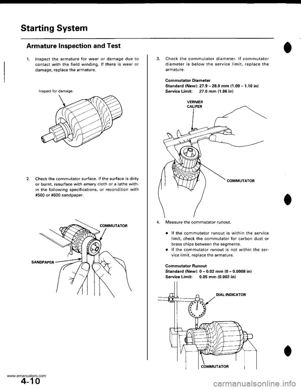 HONDA CR-V 1999 RD1-RD3 / 1.G User Guide 
Starting System
Armature Inspection and Test
1. Inspect the armature for wear or damage due to
contact with the field winding. lf there is wear or
damage. replace the armature.
Check the commutator s