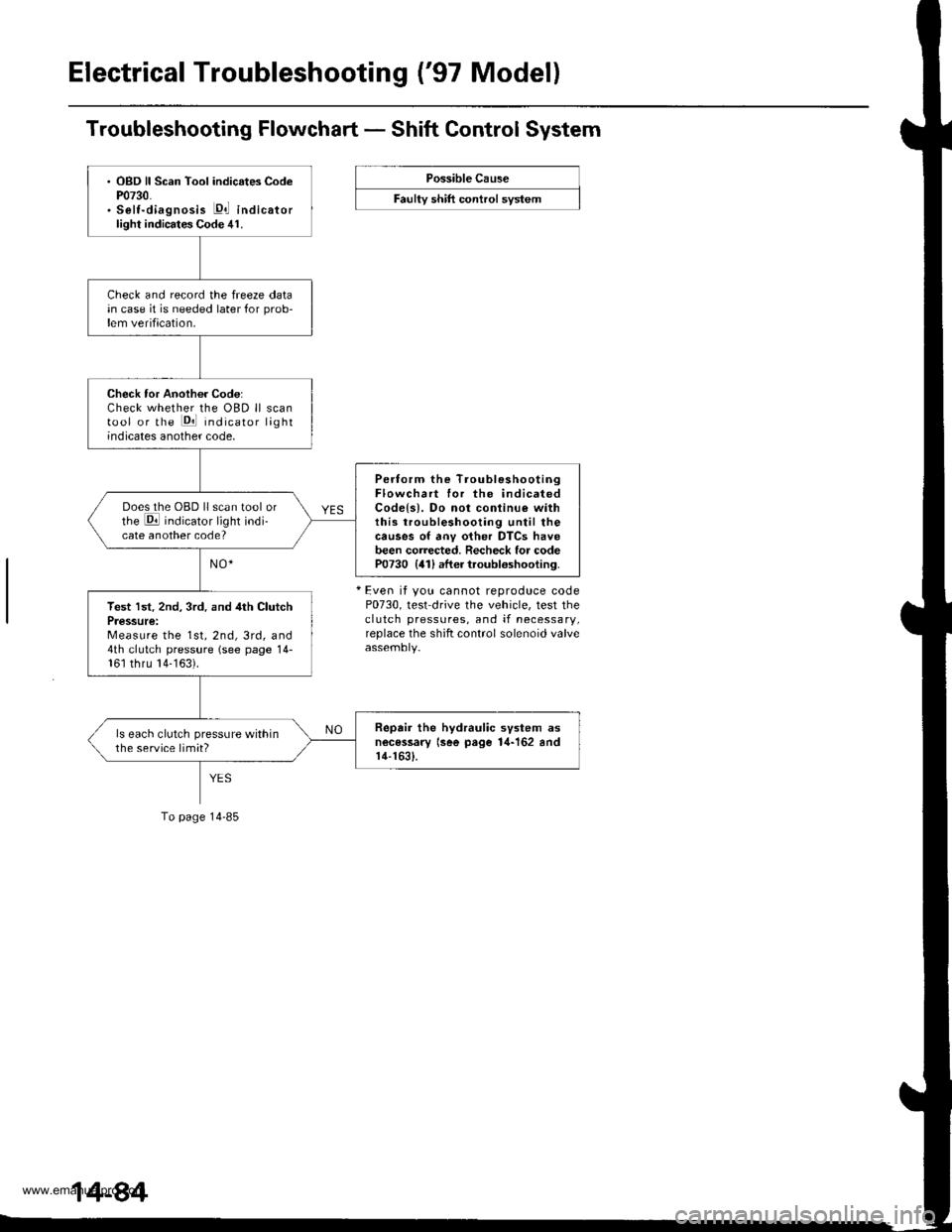 HONDA CR-V 2000 RD1-RD3 / 1.G Manual Online
Electrical Troubleshooting (97 Model)
Troubleshooting Flowchart - Shift Control System
Possible Cause
F""lty "t lft ".tttr"l "y"t..
+ Even it you cannot reproduce codeP0730, test drive the vehicle, HONDA CR-V 2000 RD1-RD3 / 1.G Manual Online
Electrical Troubleshooting (97 Model)
Troubleshooting Flowchart - Shift Control System
Possible Cause
F""lty "t lft ".tttr"l "y"t..
+ Even it you cannot reproduce codeP0730, test drive the vehicle,