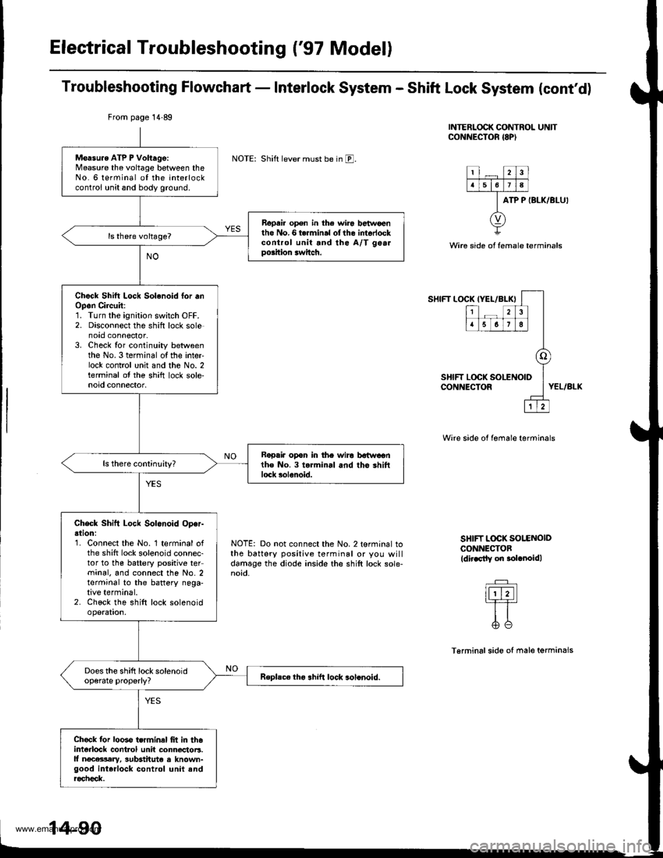 HONDA CR-V 2000 RD1-RD3 / 1.G Repair Manual
Electrical Troubleshooting (97 Model)
Troubleshooting Flowchart - Interlock System - Shift Lock System (contd)
INTERLOCK CONTROL UNITCONNECTOR {8P)
NOTE: Shift lever must be in E.
ATP P IBLK/BLU
W HONDA CR-V 2000 RD1-RD3 / 1.G Repair Manual
Electrical Troubleshooting (97 Model)
Troubleshooting Flowchart - Interlock System - Shift Lock System (contd)
INTERLOCK CONTROL UNITCONNECTOR {8P)
NOTE: Shift lever must be in E.
ATP P IBLK/BLU
W