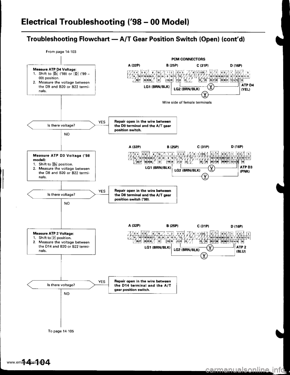 HONDA CR-V 1998 RD1-RD3 / 1.G Workshop Manual
Electrical Troubleshooting (98 - 00 Model)
Troubleshooting Flowchart - A/T Gear Position Switch (Open) (contd)
PCM CONNECTORS
B {25Ptc (31P|
LGl IERN/BLKI
Wire side of female terminals
LGl {BRN/BLK HONDA CR-V 1998 RD1-RD3 / 1.G Workshop Manual
Electrical Troubleshooting (98 - 00 Model)
Troubleshooting Flowchart - A/T Gear Position Switch (Open) (contd)
PCM CONNECTORS
B {25Ptc (31P|
LGl IERN/BLKI
Wire side of female terminals
LGl {BRN/BLK
