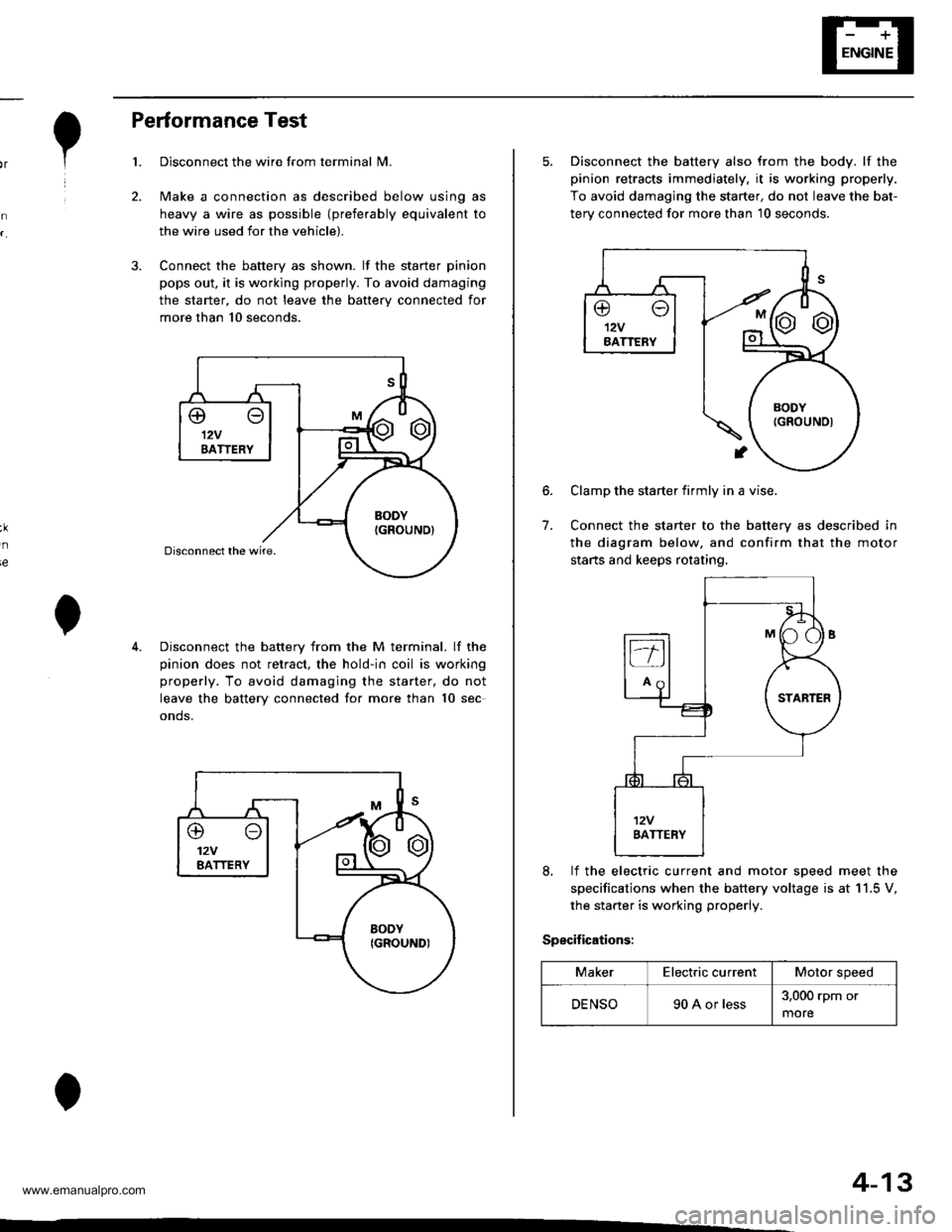 HONDA CR-V 1999 RD1-RD3 / 1.G Workshop Manual
,r1.?
Performance Test
Disconnect the wire from terminal N4.
Make a connection as described below using as
heavy a wire as possible (preferably equivalent to
the wire used for the vehicle).
Connect t HONDA CR-V 1999 RD1-RD3 / 1.G Workshop Manual
,r1.?
Performance Test
Disconnect the wire from terminal N4.
Make a connection as described below using as
heavy a wire as possible (preferably equivalent to
the wire used for the vehicle).
Connect t