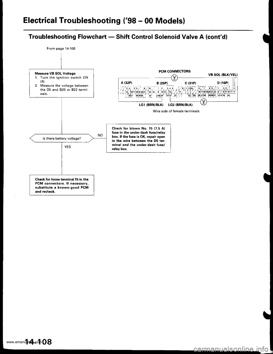 HONDA CR-V 1998 RD1-RD3 / 1.G Workshop Manual
Electrical Troubleshooting (98 - 00 Models)
Troubleshooting Flowchart - Shift Control Solenoid Valve A (contd)
From page 14-106
Wire side of female terminals
Moasure VB SOL Voftago:1. Turn the igni HONDA CR-V 1998 RD1-RD3 / 1.G Workshop Manual
Electrical Troubleshooting (98 - 00 Models)
Troubleshooting Flowchart - Shift Control Solenoid Valve A (contd)
From page 14-106
Wire side of female terminals
Moasure VB SOL Voftago:1. Turn the igni