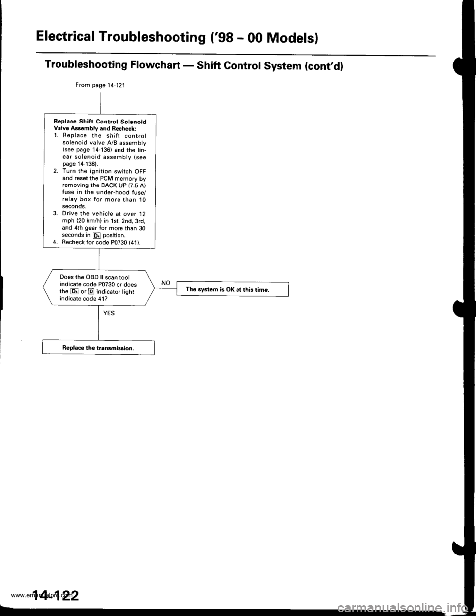 HONDA CR-V 1999 RD1-RD3 / 1.G Workshop Manual
Electrical Troubleshooting {gB - 00 Models}
Troubleshooting Flowchart - Shift Control System (cont,d)
From page 14 121
Replace Shilt Cont.ol SolenoidValve A$ambly and Recheck:1. Replace the shift c HONDA CR-V 1999 RD1-RD3 / 1.G Workshop Manual
Electrical Troubleshooting {gB - 00 Models}
Troubleshooting Flowchart - Shift Control System (cont,d)
From page 14 121
Replace Shilt Cont.ol SolenoidValve A$ambly and Recheck:1. Replace the shift c