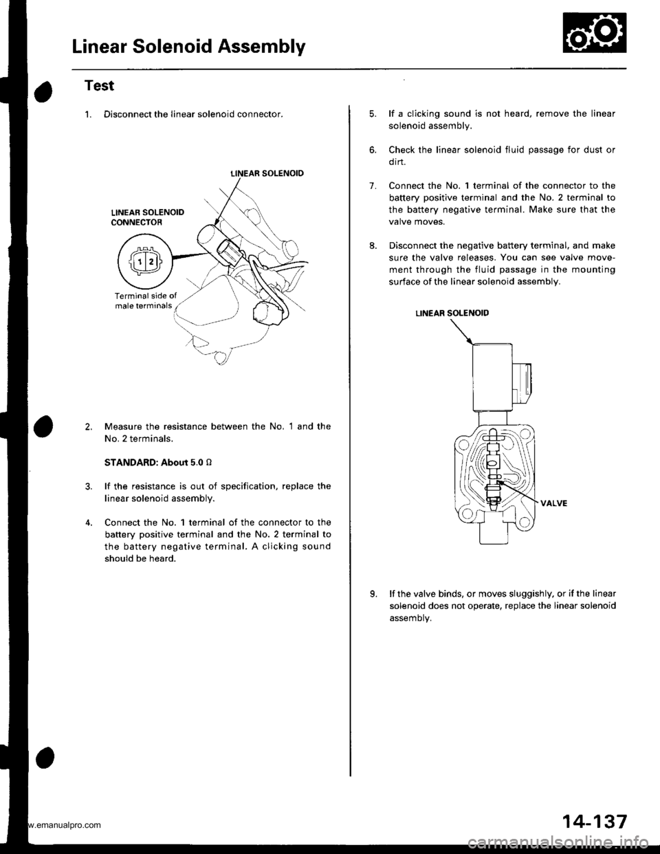 HONDA CR-V 1997 RD1-RD3 / 1.G Workshop Manual 
Linear Solenoid Assembly
Test
1. Disconnect the linear solenoid connector.
LINEAR SOLENOIO
Measure the resistance between the No, 1 and the
No. 2 terminals.
STANDARD: About 5.0 o
lf the resistance is