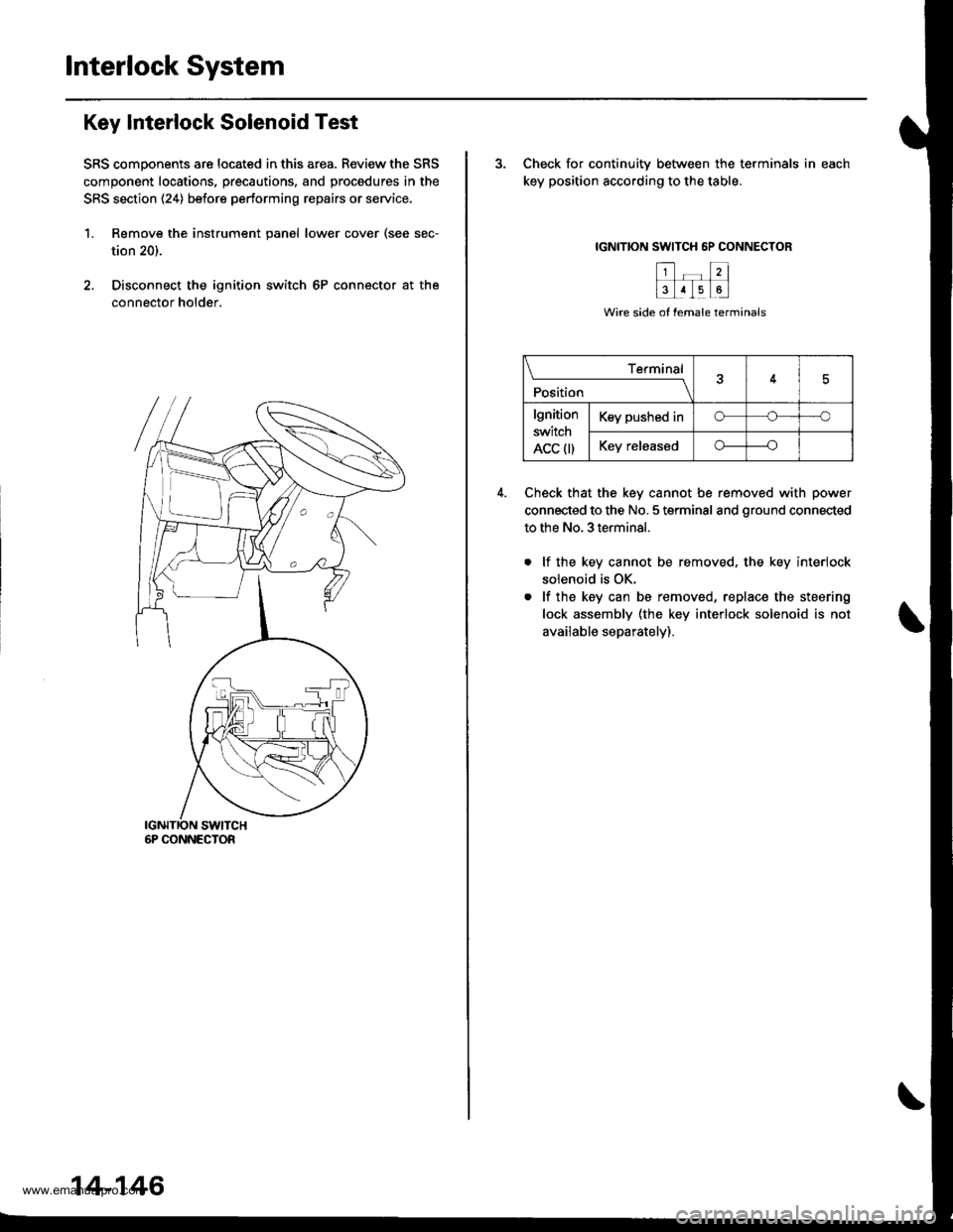 HONDA CR-V 1999 RD1-RD3 / 1.G Workshop Manual 
lnterlock System
Key Interlock Solenoid Test
SRS comoonents are located in this area. Review the SRS
component locations, precautions. and procedures in the
SRS section (24) before pertorming repairs