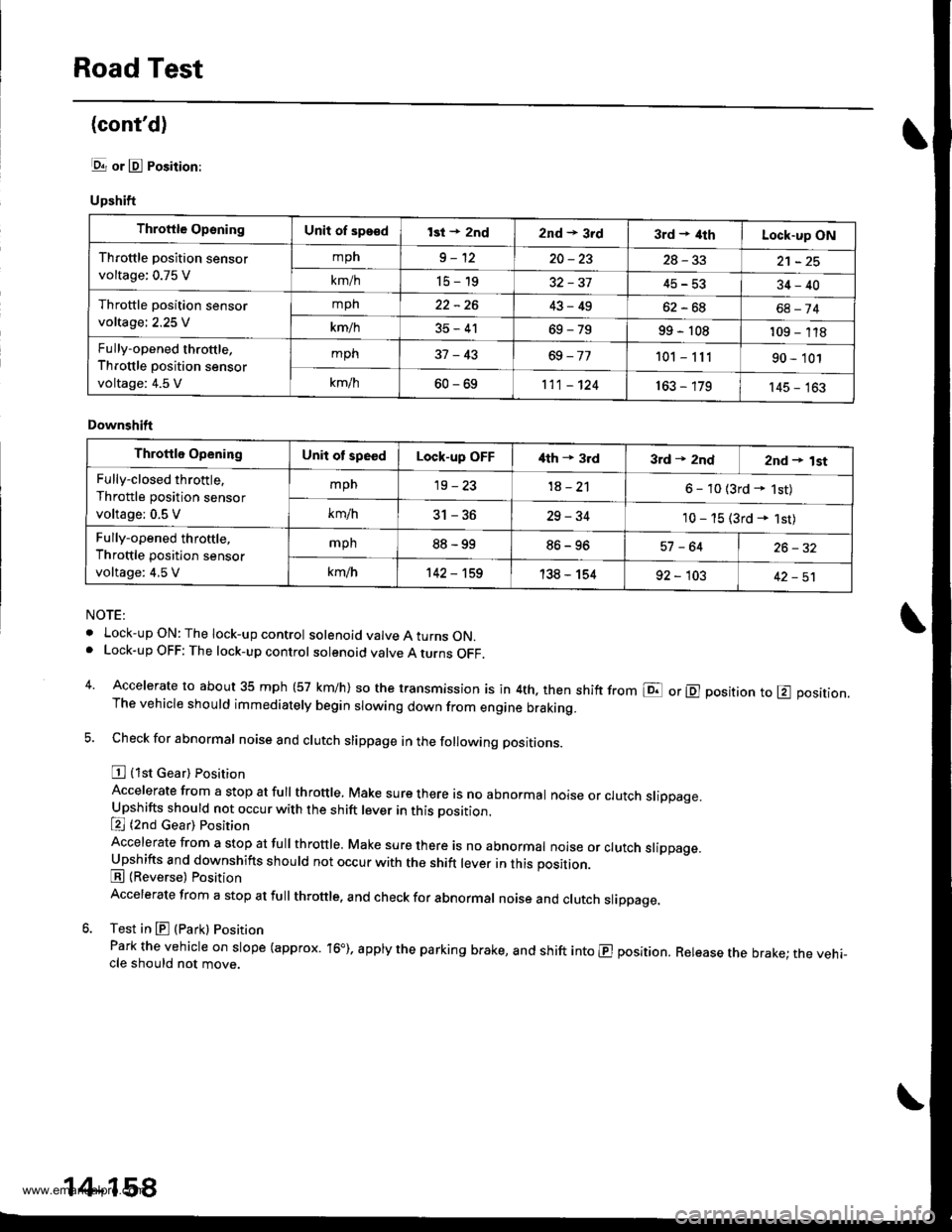 HONDA CR-V 1997 RD1-RD3 / 1.G Repair Manual
Road Test
(contd)
lgrr or E Position:
Upshift
NOTE:
. Lock-upON:The lock-up control solenoid valve A turns ON.. Lock-up OFF: The lock-up control solenoid valve A turns OFF.
4. Accelerate to about 35 HONDA CR-V 1997 RD1-RD3 / 1.G Repair Manual
Road Test
(contd)
lgrr or E Position:
Upshift
NOTE:
. Lock-upON:The lock-up control solenoid valve A turns ON.. Lock-up OFF: The lock-up control solenoid valve A turns OFF.
4. Accelerate to about 35