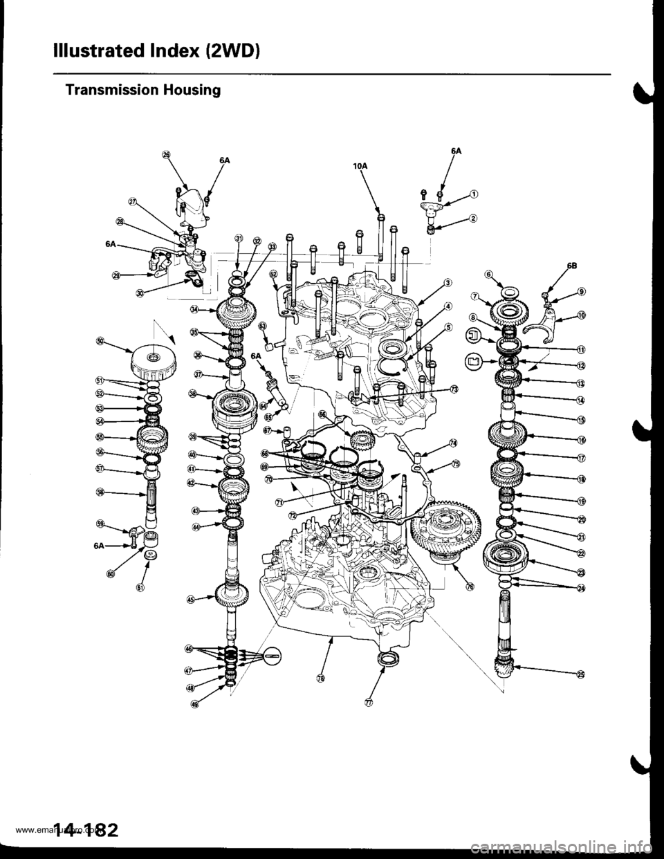 HONDA CR-V 1998 RD1-RD3 / 1.G Workshop Manual 
lllustrated Index (2WDl
Transmission Housing
6A
Lt--"
&""--
www.emanualpro.com  