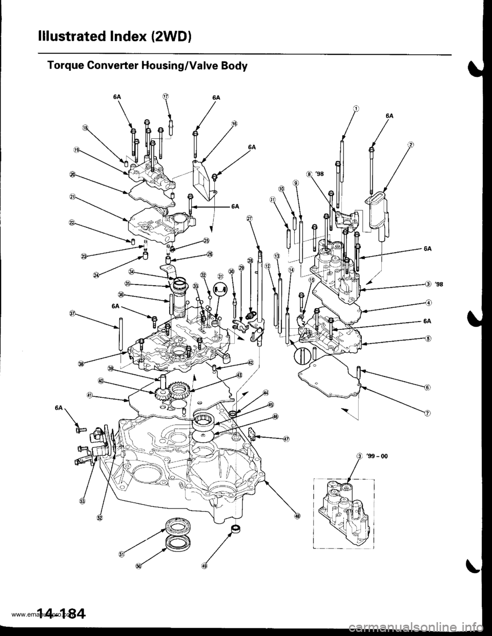 HONDA CR-V 1999 RD1-RD3 / 1.G Owners Guide 
lllustrated Index (2WD)
Torque Converter Housing/Valve Body
to\
I@
www.emanualpro.com  