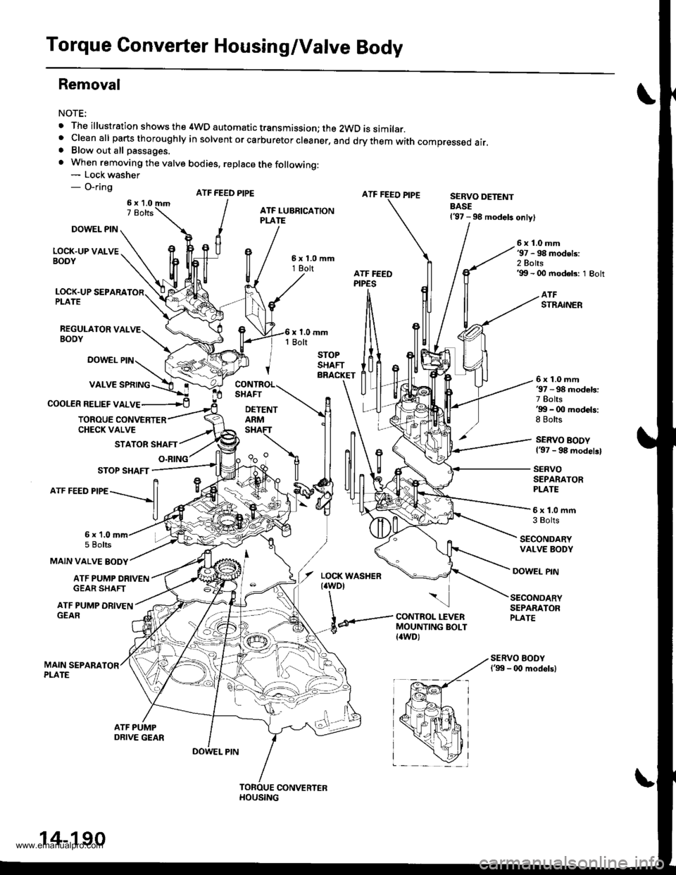 HONDA CR-V 2000 RD1-RD3 / 1.G Owners Manual
Torque Converter Housing/Valve Body
Removal
NOTE:
. The illustration shows the 4WD automatic transmission; the 2WD is similar. cleanall parts thoroughry in sorvent or carburetor creaner, and drythem HONDA CR-V 2000 RD1-RD3 / 1.G Owners Manual
Torque Converter Housing/Valve Body
Removal
NOTE:
. The illustration shows the 4WD automatic transmission; the 2WD is similar. cleanall parts thoroughry in sorvent or carburetor creaner, and drythem