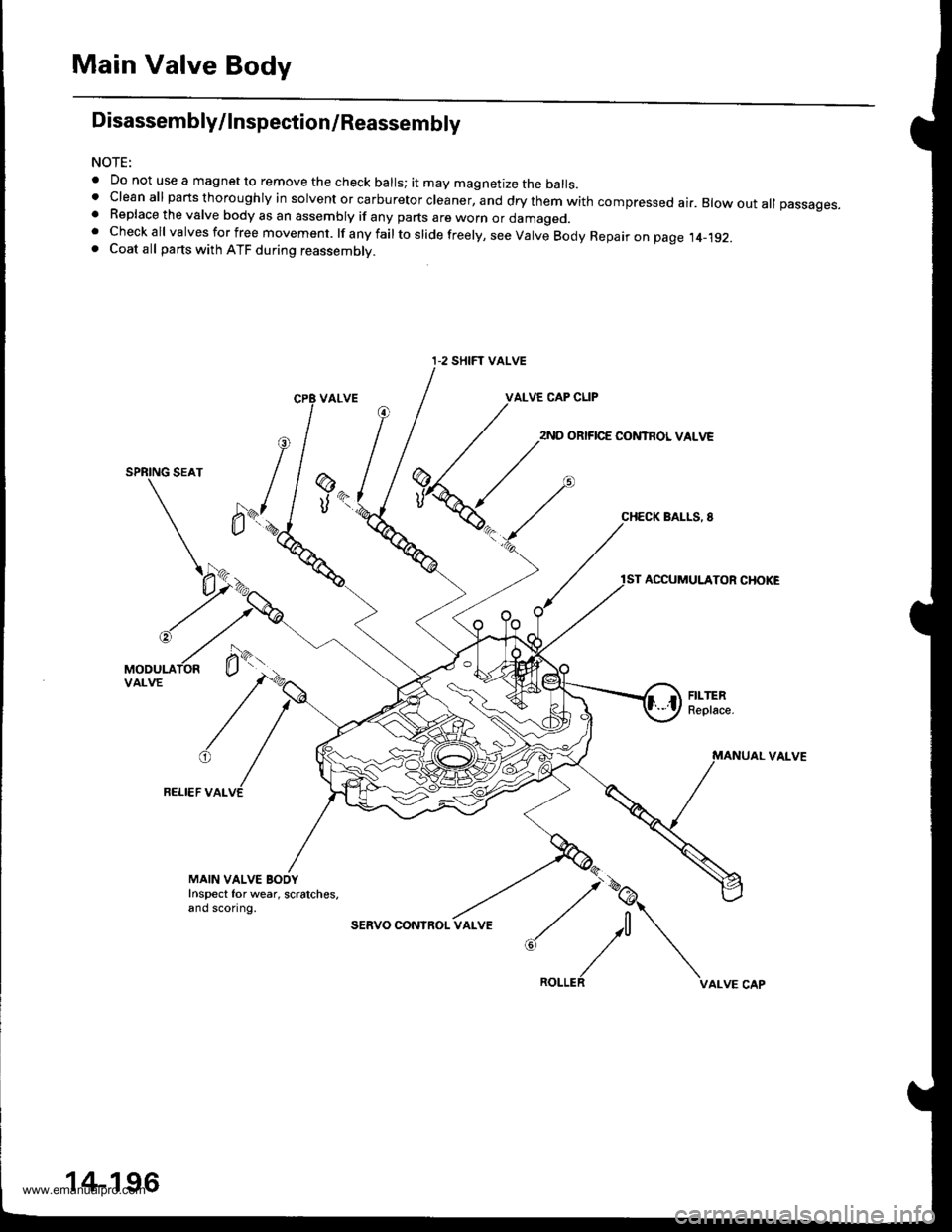 HONDA CR-V 1998 RD1-RD3 / 1.G Repair Manual
Main Valve Body
Disassembly/lnspection/Reassembly
NOTE:
. Do not use a magnet to remove the check balls; it may magnetize the balls.t clean all parts thoroughly in solvent or carburetor cleaner, and HONDA CR-V 1998 RD1-RD3 / 1.G Repair Manual
Main Valve Body
Disassembly/lnspection/Reassembly
NOTE:
. Do not use a magnet to remove the check balls; it may magnetize the balls.t clean all parts thoroughly in solvent or carburetor cleaner, and