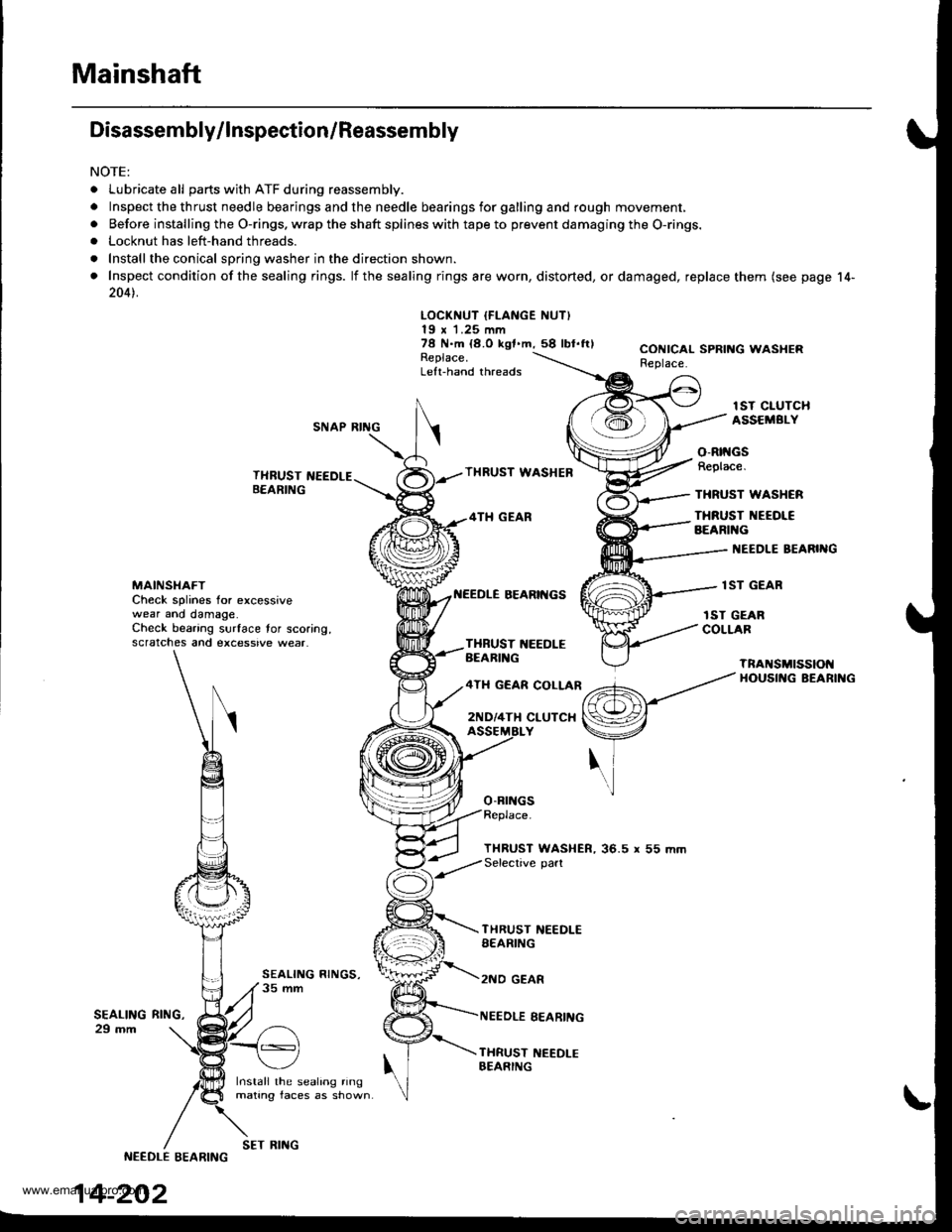 HONDA CR-V 1998 RD1-RD3 / 1.G Workshop Manual
Mainshaft
Disassembly/lnspection/Reassembly
NOTE:
. Lubricate all parts with ATF during reassembly.
.Inspectthethrustneedlebearingsandtheneedlebearingsforgallingandroughmov\
ement,
. Before installin HONDA CR-V 1998 RD1-RD3 / 1.G Workshop Manual
Mainshaft
Disassembly/lnspection/Reassembly
NOTE:
. Lubricate all parts with ATF during reassembly.
.Inspectthethrustneedlebearingsandtheneedlebearingsforgallingandroughmov\
ement,
. Before installin