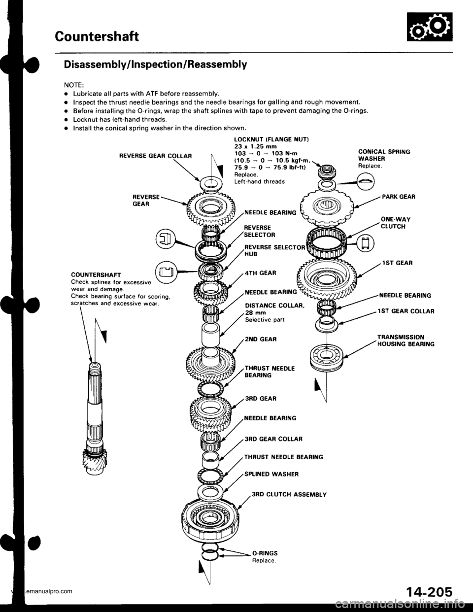 HONDA CR-V 1998 RD1-RD3 / 1.G Workshop Manual 
Countershaft
Disassembly/lnspection/Reassembly
NOTE:
. Lubricate all pans with ATF before reassembly.
.Inspectthethrustneedlebearingsandtheneedlebearingsforgallingandroughmov\
ement.
. Before install
